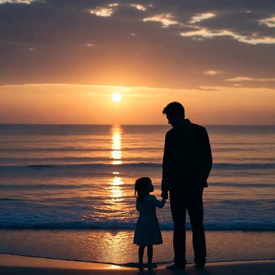 Father and daughter at sunset beach