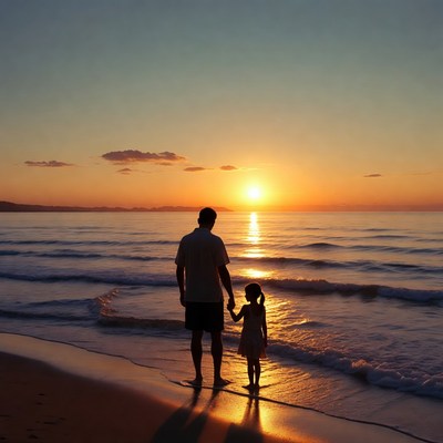 Father and daughter at sunset beach