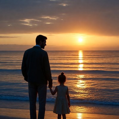 Father and daughter at sunset beach