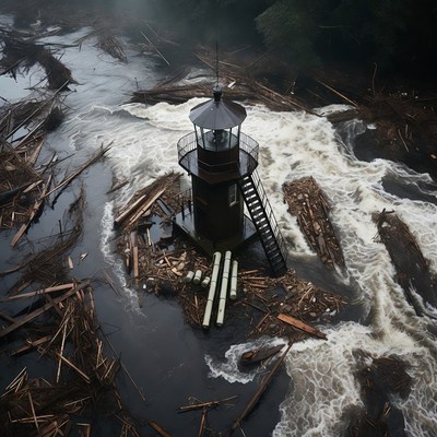 Lighthouse amid flood debris