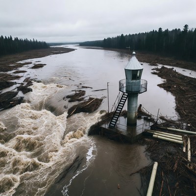 Lighthouse amid flooded river debris