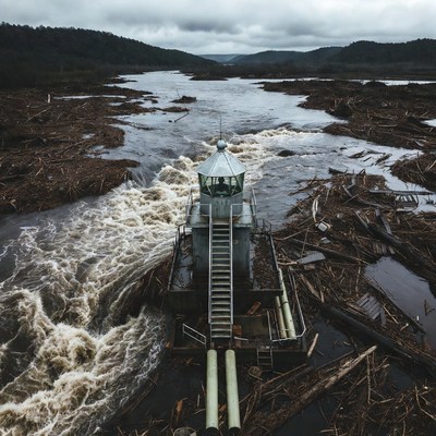 Lighthouse amid flooded river debris