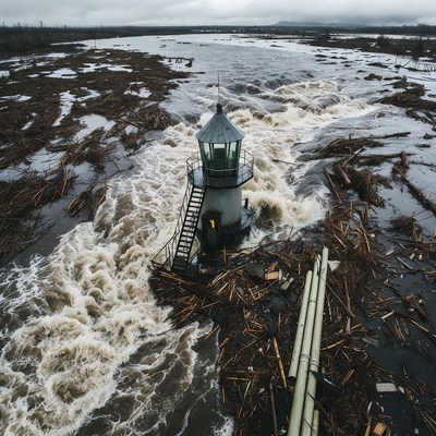 Lighthouse in Flooded River Debris
