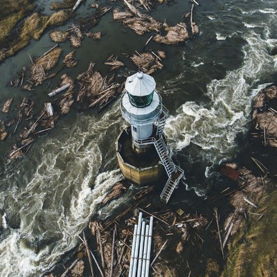 Lighthouse amid flood debris