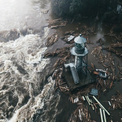 Lighthouse amid raging floodwaters