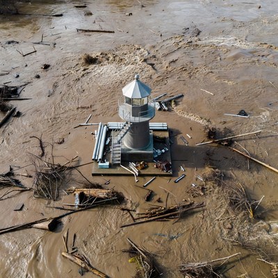 Lighthouse surrounded by flood debris