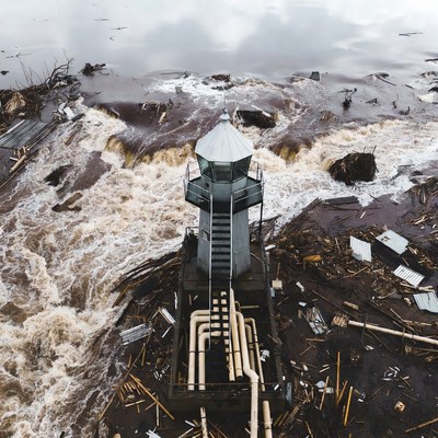 Lighthouse amid flood debris