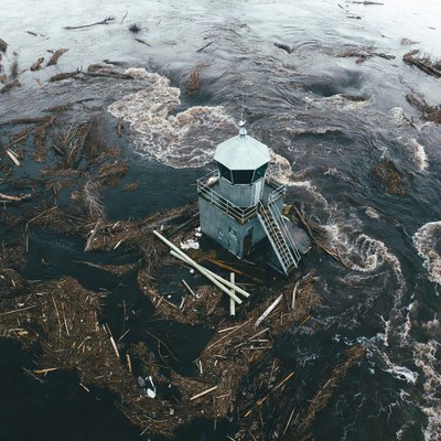 Lighthouse surrounded by flood debris