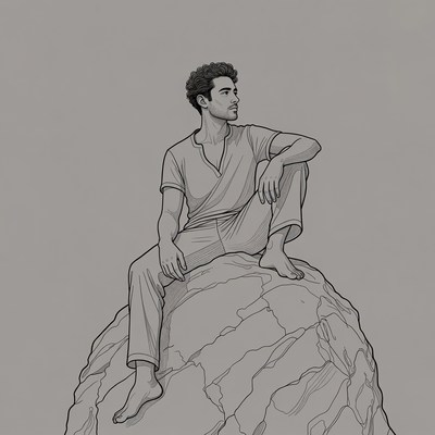 Man sitting barefoot on rock