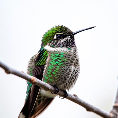 Green hummingbird perched on branch