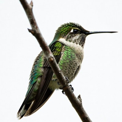 Green hummingbird perched on branch