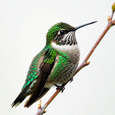 Green hummingbird perched on branch