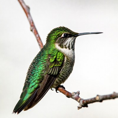 Green hummingbird perched on branch