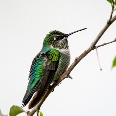 Green hummingbird perched on branch