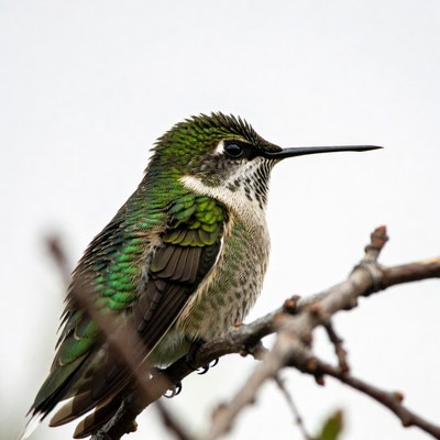 Green hummingbird perched on branch