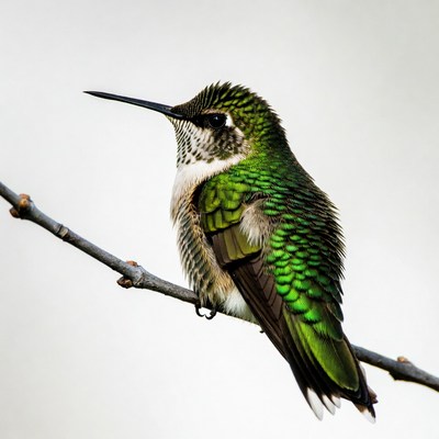 Green hummingbird perched on branch