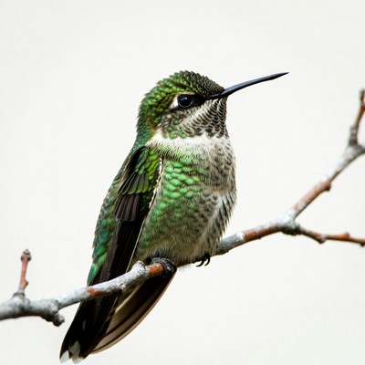 Green hummingbird perched on branch