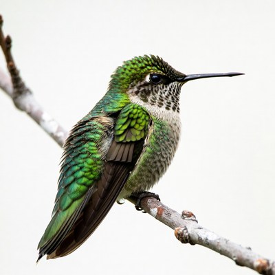 Green hummingbird perched on branch