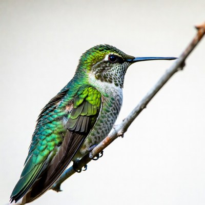Green hummingbird perched on branch