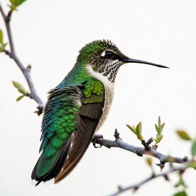 Green hummingbird perched on branch