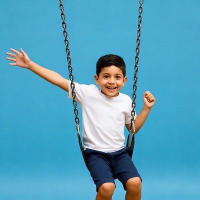 Boy swinging on playground swing