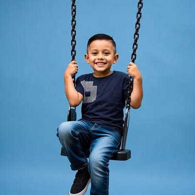 Latino boy swinging happily