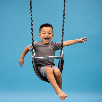 Asian boy swinging on chains