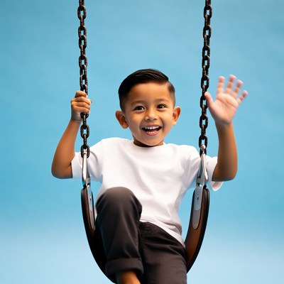 Asian boy waving on swing