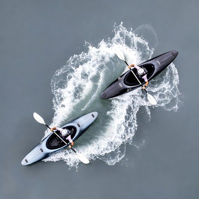 Two Kayakers Paddling in Calm Water