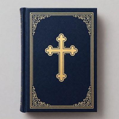 Blue Bible with Gold Orthodox Cross
