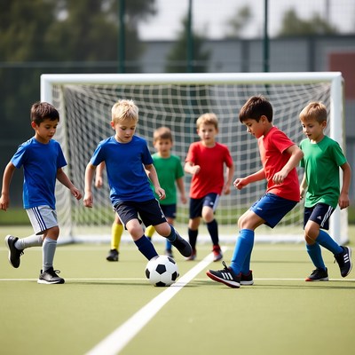 Boys playing soccer near goal