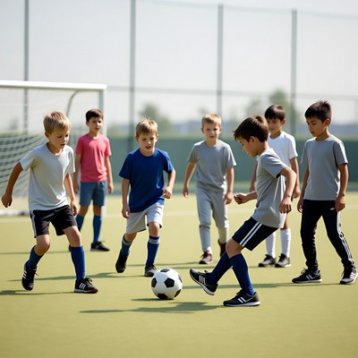 Boys playing soccer on field
