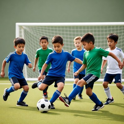 Boys playing soccer near goal