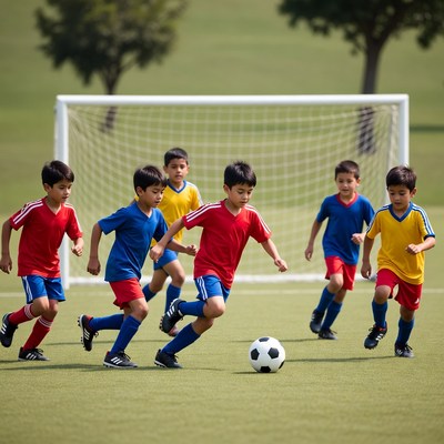 Boys playing soccer near goal