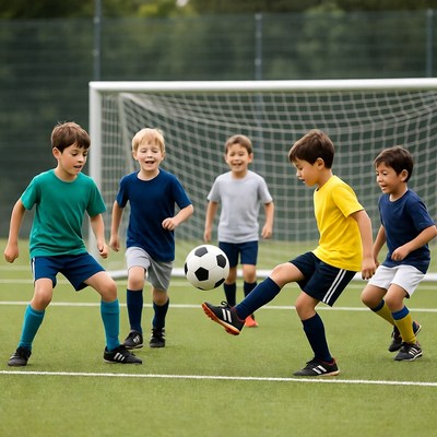 Boys kicking soccer ball near goal