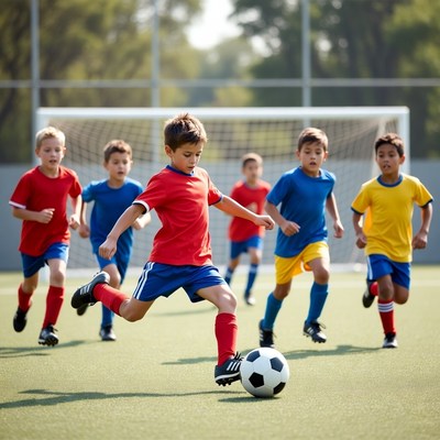 Boys playing soccer on field