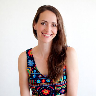 Smiling woman in colorful tank top