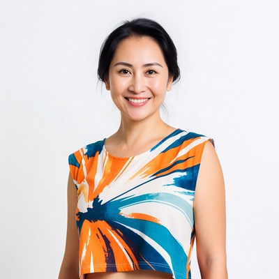 Asian woman smiling in colorful crop top