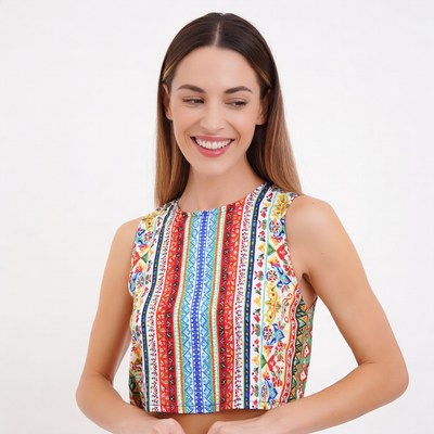 Smiling woman in colorful tank top