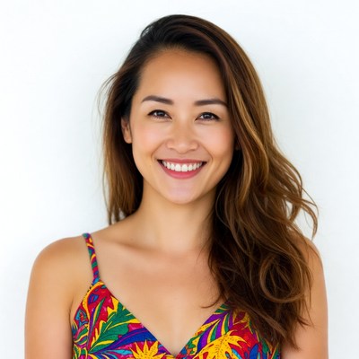 Smiling Asian woman in colorful dress