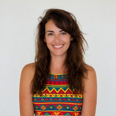 Smiling woman in colorful patterned top