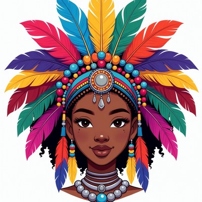 African woman in colorful feathered headdress