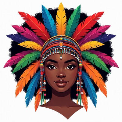 African woman in colorful feather headdress
