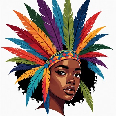 African-American woman in colorful feather headdress