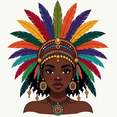 African woman in colorful feather headdress
