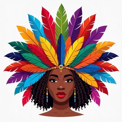 African woman in colorful feather headdress