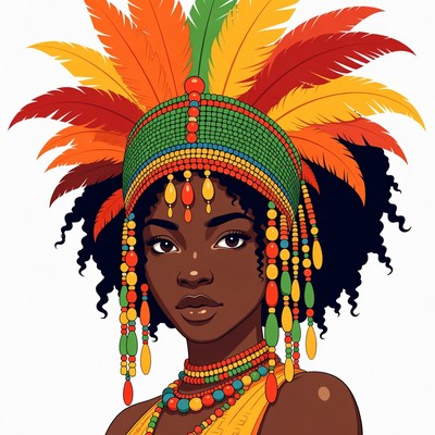 African woman in colorful feathered headdress