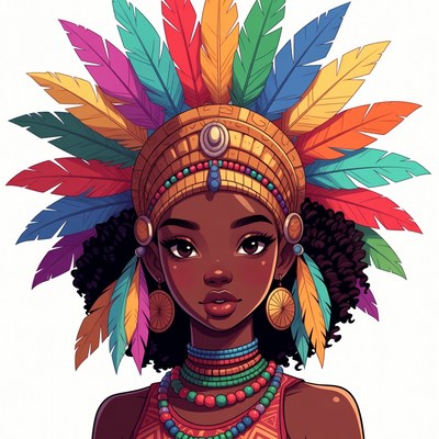 African woman in colorful feather headdress