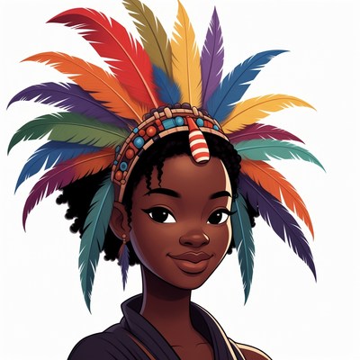 African-American girl in colorful feather headdress
