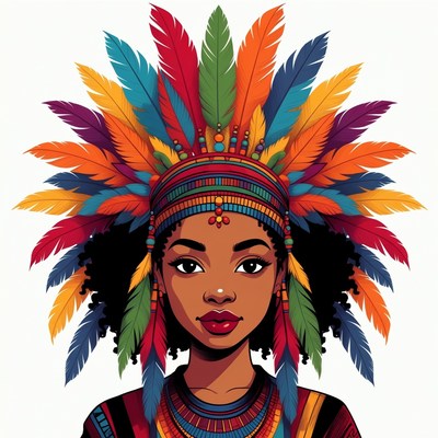 African woman in colorful feather headdress